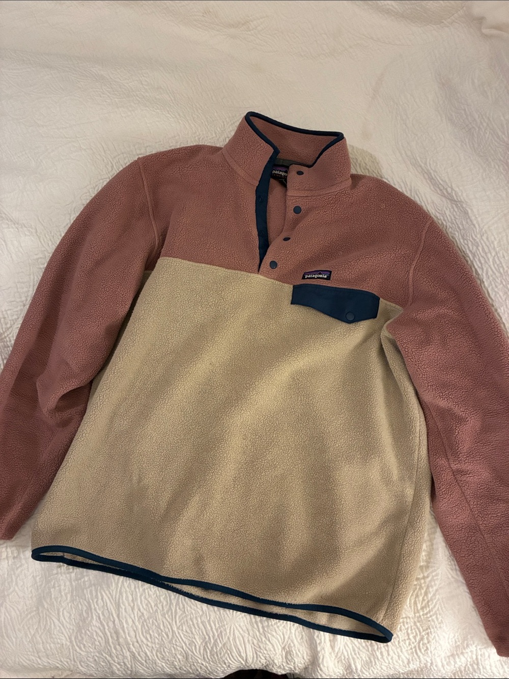 Patagonia Men’s Two-Tone Zip Fleece - Dusty Rose & Cream with Navy Trim
